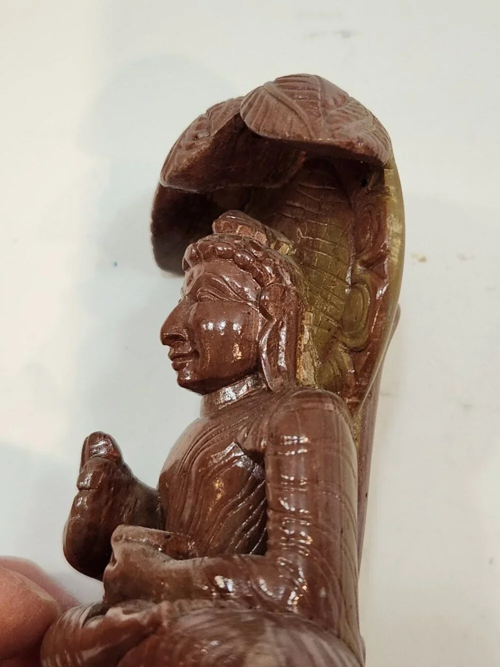 Hand-Carved Natural Soapstone Seated Buddha Statue with Bodhi Leaf Canopy